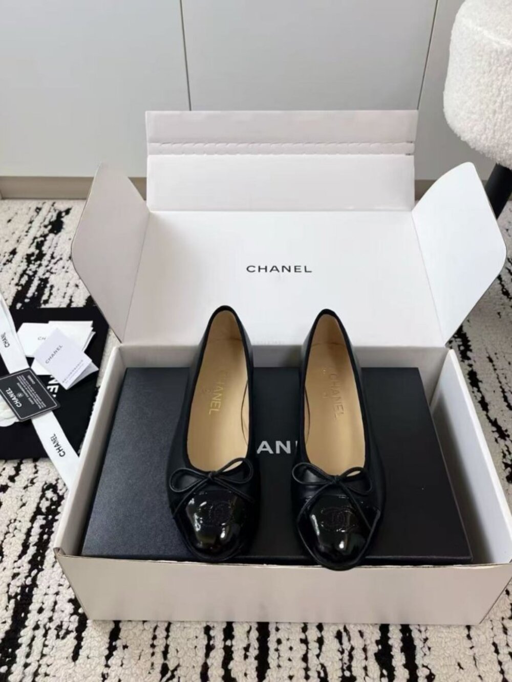 CHANEL Classic Black Patent‑Toe CC Logo Ballet Flats